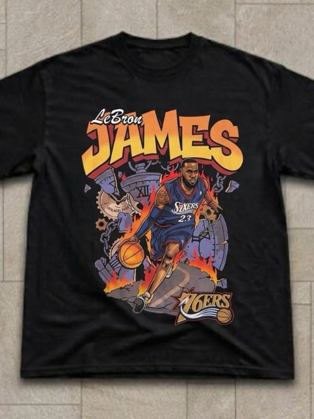 Gildan Black LeBron James 76ers Graphic Tee with Orange Yellow Print